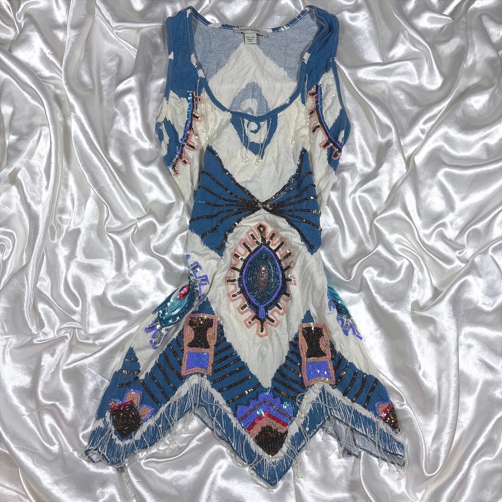 vintage Tank Top Blue Good Boston Proper Sequin Beaded Ikat Handkerchief Hem XS